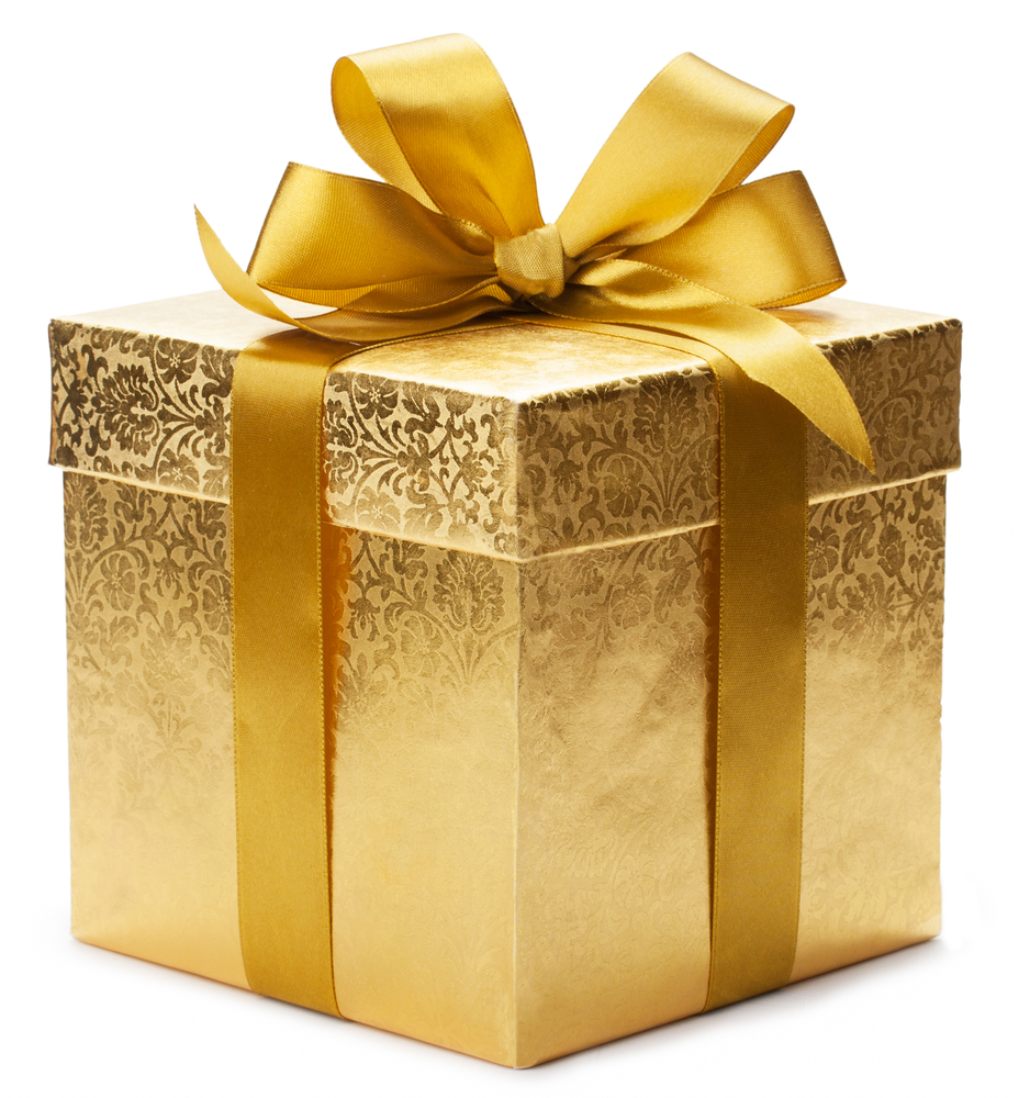 Gift with Gold Wrapping Paper and Bow