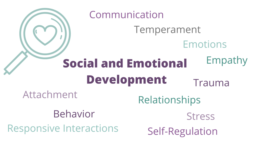 Word cloud: Social and Emotional Development, temperament, emotions, empathy, trauma, relationships, stress, self-regulation, attachment, behavior, responsive interactions